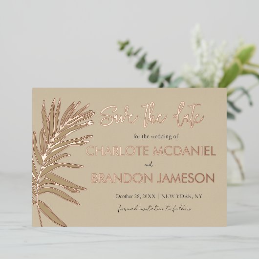 Tropische palmblad bruiloft Bewaar de datum Folie Uitnodiging (Staand Voorkant)
