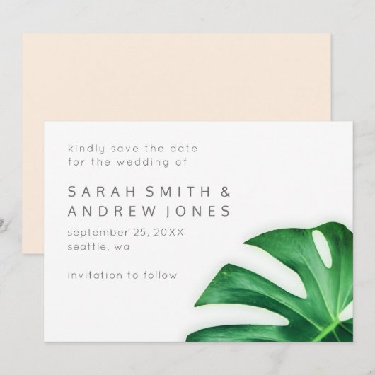 Tropische palmblad minimalist Save the Date (Voorkant / Achterkant)
