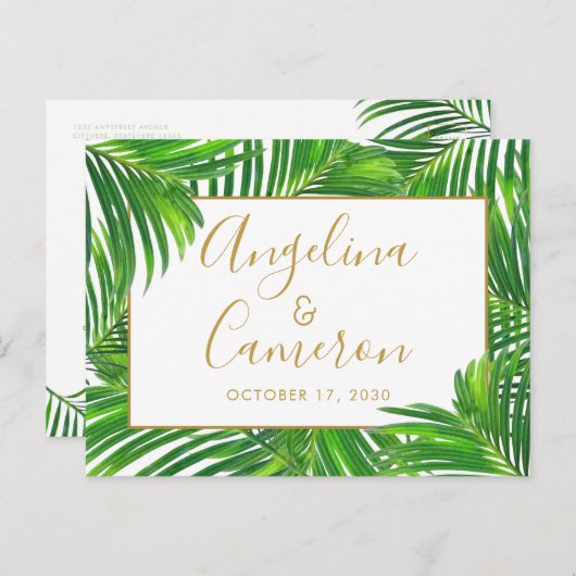 Tropische palmblad rand groen goud Save the Date Aankondigingskaart (Voorkant / Achterkant)
