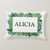 Tropische palmbladeren aangepaste naam accent kussen (Achterkant)
