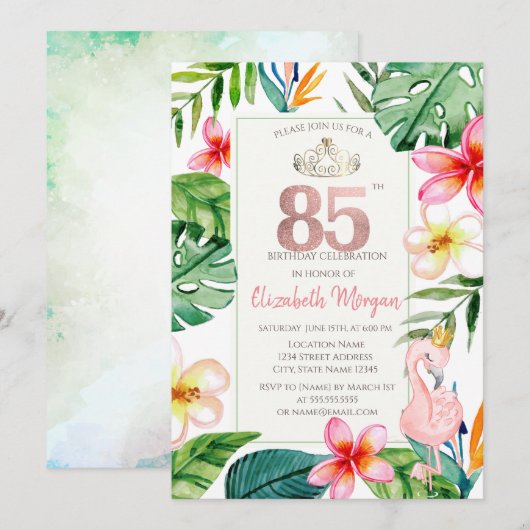 Tropische palmbladeren Bloemen Roze Flamingo 85th Kaart (Voorkant / Achterkant)
