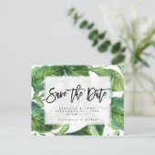 Tropische palmbladeren bruiloft Bewaar de datumkaa Aankondigingskaart (Staand voorkant)