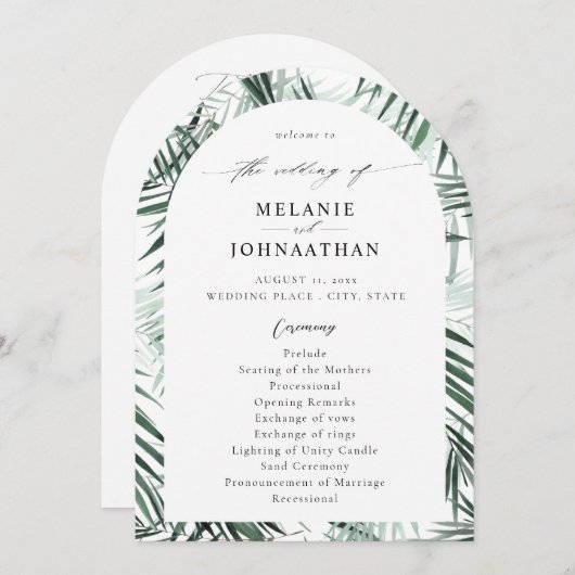 Tropische palmbladeren bruiloft programma boog (Voorkant / Achterkant)