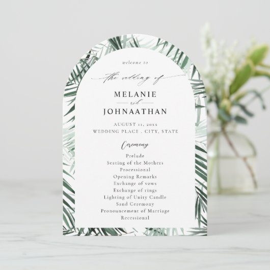 Tropische palmbladeren bruiloft programma boog (Staand voorkant)