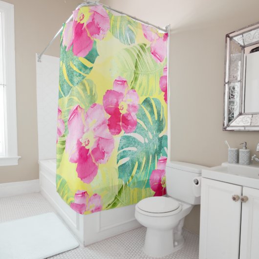 Tropische palmbladeren en hibiscus bloemen douchegordijn (In situ)