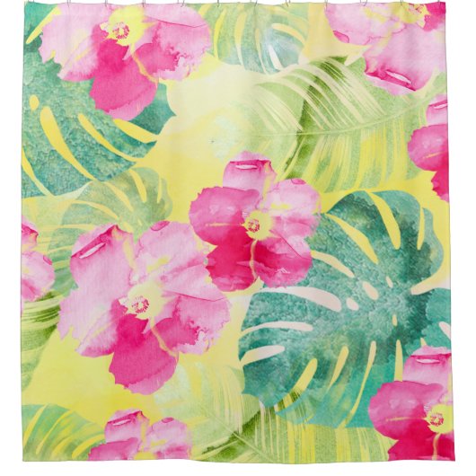 Tropische palmbladeren en hibiscus bloemen douchegordijn (Voorkant)