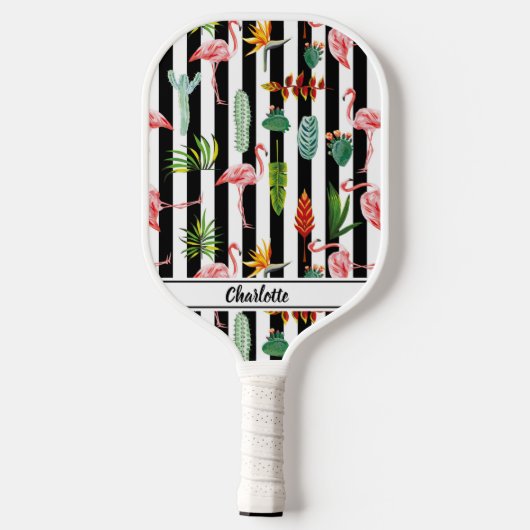 Tropische Palmbladeren Flamingo Cactus Zwart & Wit Pickleball Paddle (Achterkant)