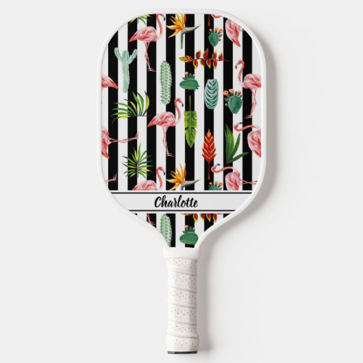 Tropische Palmbladeren Flamingo Cactus Zwart & Wit Pickleball Paddle (Voorkant)