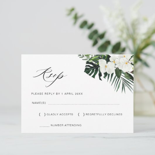 tropische palmbladeren florale bruiloft RSVP-kaart RSVP Kaartje (Staand voorkant)