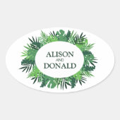 Tropische palmbladeren florale trouwnamen ovale sticker (Voorkant)