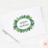 Tropische palmbladeren florale trouwnamen ovale sticker (Envelop)