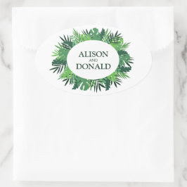 Tropische palmbladeren florale trouwnamen ovale sticker
