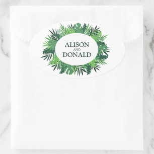 Tropische palmbladeren florale trouwnamen ovale sticker