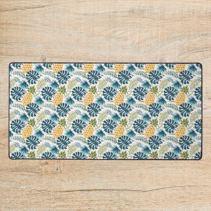 Tropische palmbladeren gouden anananas wit blauw bureaumat