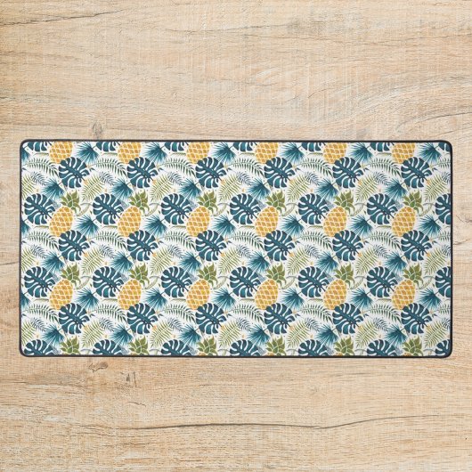 Tropische palmbladeren gouden anananas wit blauw bureaumat