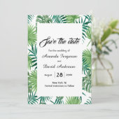Tropische palmbladeren groener dan de datumkaart save the date (Staand voorkant)