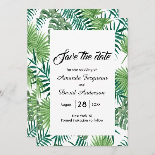 Tropische palmbladeren groener dan de datumkaart save the date (Voorkant / Achterkant)