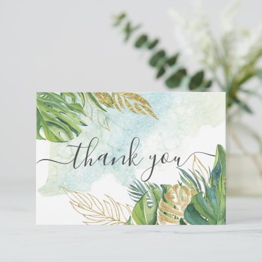 Tropische palmbladeren Groenery Gold Foliage Wedde Bedankkaart (Staand voorkant)