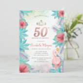 Tropische palmbladeren Hibiscus roze Flamingo 50e Kaart (Staand voorkant)