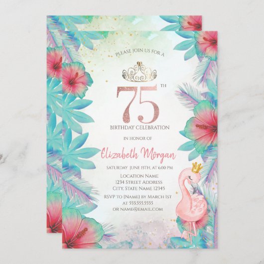 Tropische palmbladeren Hibiscus roze Flamingo 75e Kaart (Voorkant / Achterkant)