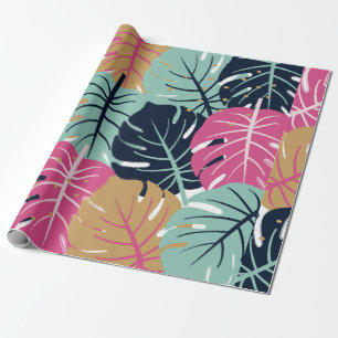 Tropische Palmbladeren in Roze & Blauw Cadeaupapier