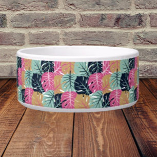 Tropische Palmbladeren in Roze & Blauw   Keramisch Voerbakje