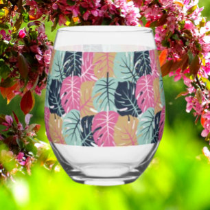 Tropische Palmbladeren in Roze & Blauw   Steelloos Wijnglas Zonder Voet