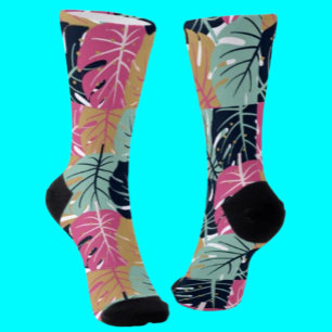 Tropische palmbladeren in roze en blauw   Crew sok