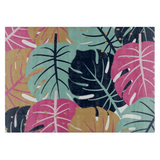 Tropische palmbladeren in roze en blauw | decorati snijplank (Voorkant)