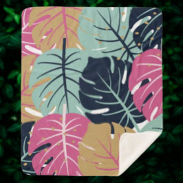 Tropische palmbladeren in roze en blauw | gezellig sherpa deken