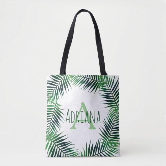 Tropische palmbladeren & Initialen letter met naam Tote Bag (Voorkant)