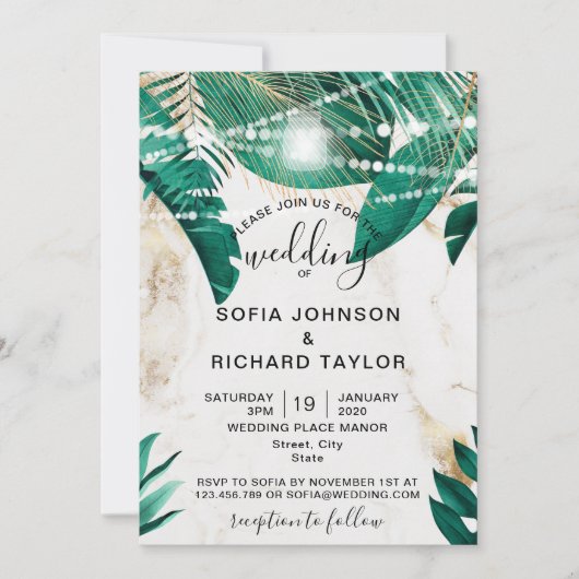 Tropische palmbladeren Licht Jar goudmarmer Kaart (Voorkant)