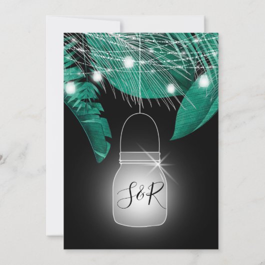 Tropische palmbladeren Licht Jar zwart Uitnodiging (Achterkant)