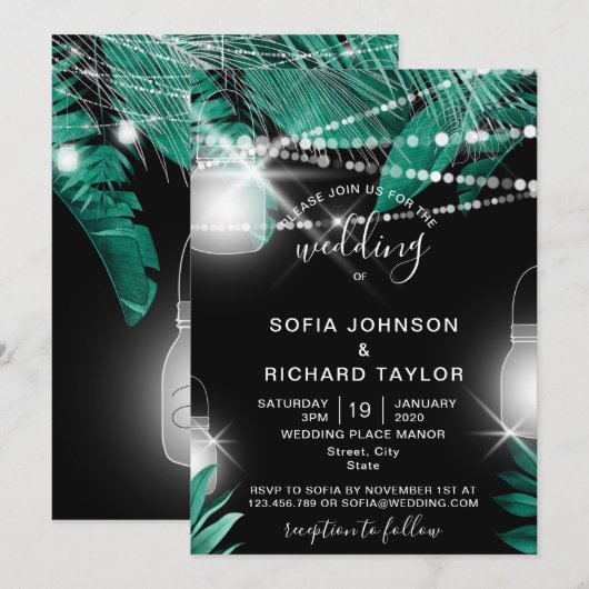 Tropische palmbladeren Licht Jar zwart Uitnodiging (Voorkant / Achterkant)