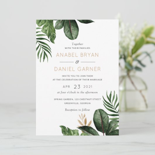 Tropische palmbladeren Moderne bruiloft Kaart (Staand voorkant)