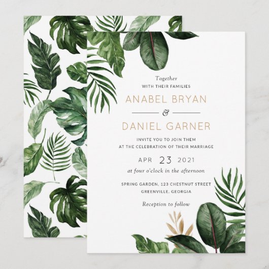 Tropische palmbladeren Moderne bruiloft Kaart (Voorkant / Achterkant)