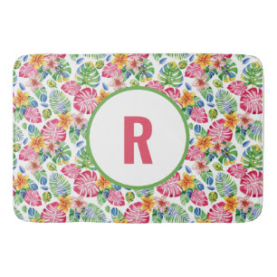Tropische palmbladeren Monogram roze groen Badmat
