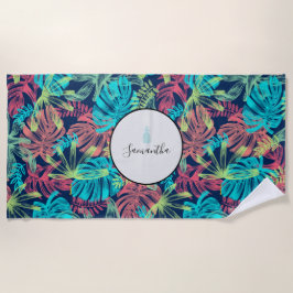 Tropische palmbladeren Monogram turquoise koraal Strandlaken