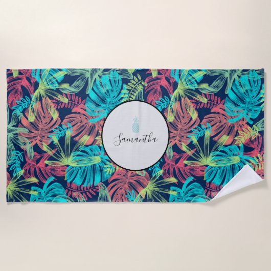 Tropische palmbladeren Monogram turquoise koraal Strandlaken (Voorkant)