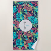 Tropische palmbladeren Monogram turquoise koraal Strandlaken (Voorkant)