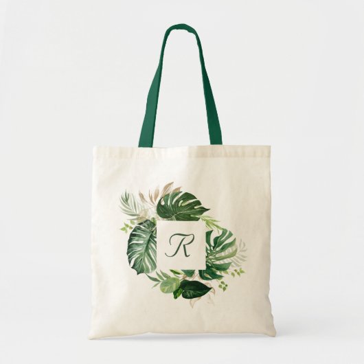 Tropische palmbladeren Natuur Greenery Monogram Tote Bag (Voorkant)