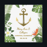 Tropische palmbladeren nautische anker bruiloft gu magneet<br><div class="desc">Aangepaste, nautische anker bruiloft gunst magneet- Faux metallic gouden anker logo is gecentreerd op een witte achtergrond. Begrensd met tropische Hawaïaanse bloemen, waaronder witte plumeria en sinaasappel paradijsvogelbladeren en palmschijfbladeren. Gepersonaliseerde namen van paar hieronder in gouden kleur script belettering met een slagschaduw. Onderaan staat de naam van het cruiseschip en...</div>