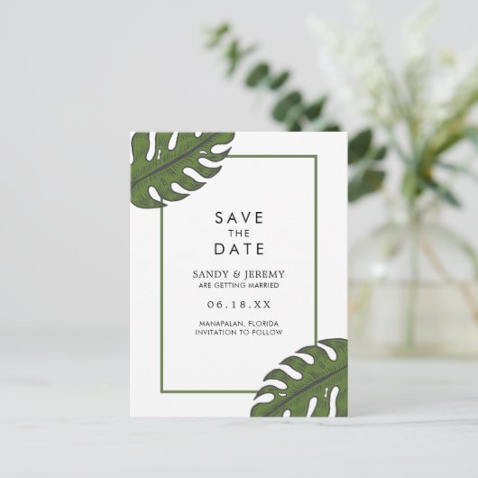Tropische palmbladeren Niet-foto opslaan Datum Aankondigingskaart (Staand voorkant)