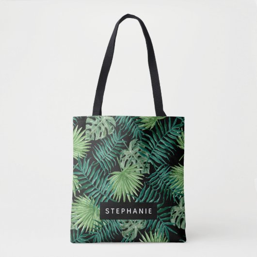 Tropische palmbladeren op zwart-gepersonaliseerd tote bag (Voorkant)