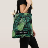 Tropische palmbladeren op zwart-gepersonaliseerd tote bag (Dichtbij)