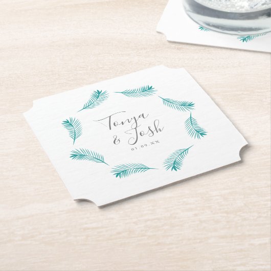 Tropische palmbladeren rond Logo bruiloft Kartonnen Onderzetters (Gekanteld)