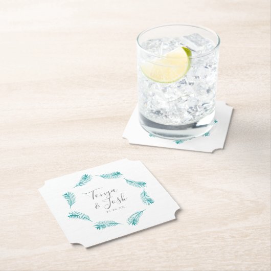 Tropische palmbladeren rond Logo bruiloft Kartonnen Onderzetters (Insitu)