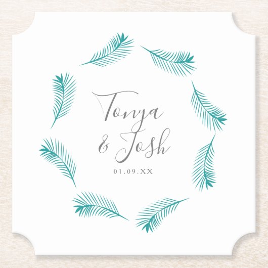 Tropische palmbladeren rond Logo bruiloft Kartonnen Onderzetters (Voorkant)