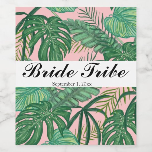 Tropische palmbladeren Roze bride Tribe Party Bott Wijn Etiket (Enkel label)