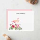Tropische Palmbladeren Roze Flamingo Aangepaste Na Notitiekaartje (Voorkant / Achterkant in situ)